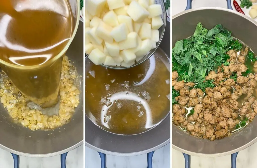 adding broth, potatoes, kale and sausage to a pot to make olive garden zuppa toscana soup