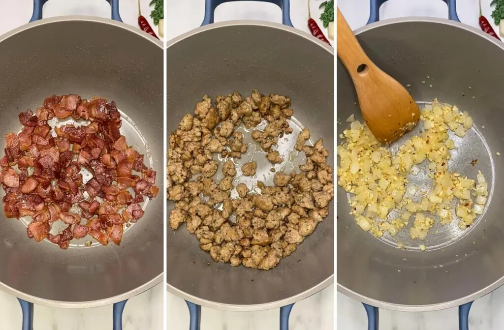 cooking bacon, sausage and onion on a pot to make olive garden zuppa toscana soup