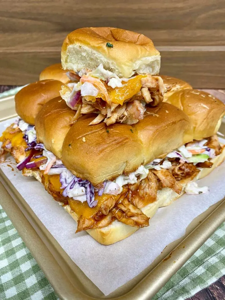 bbq chicken sliders on a sheet pan