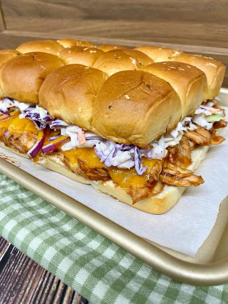 bbq chicken sliders on a sheet pan