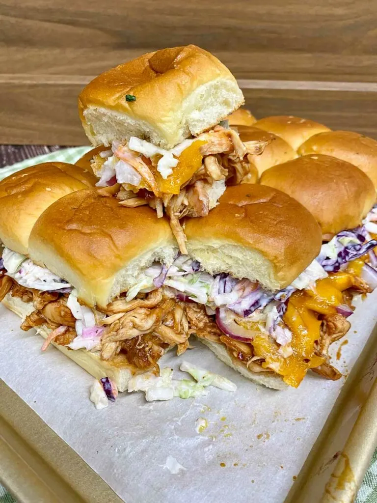 bbq chicken sliders on a sheet pan