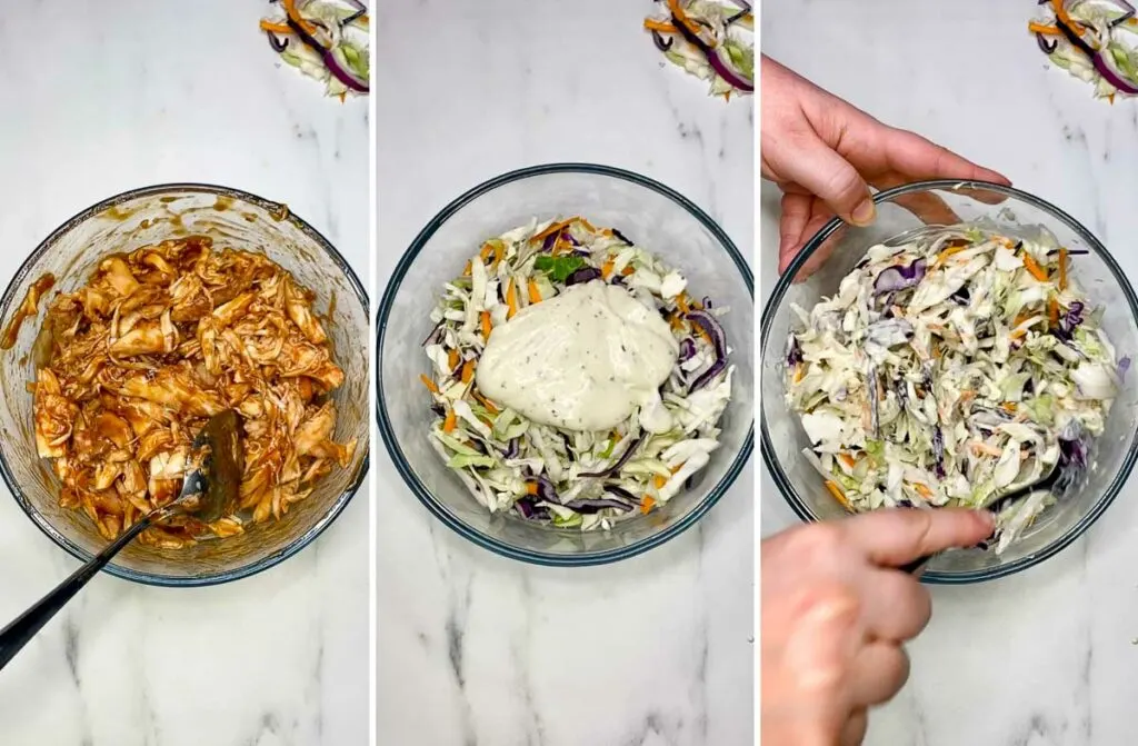 mixing bbq chicken and coleslaw in a bowl