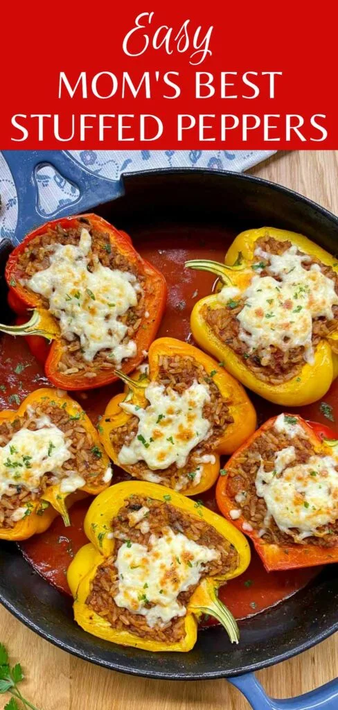 stuffed peppers in a cast iron skillet