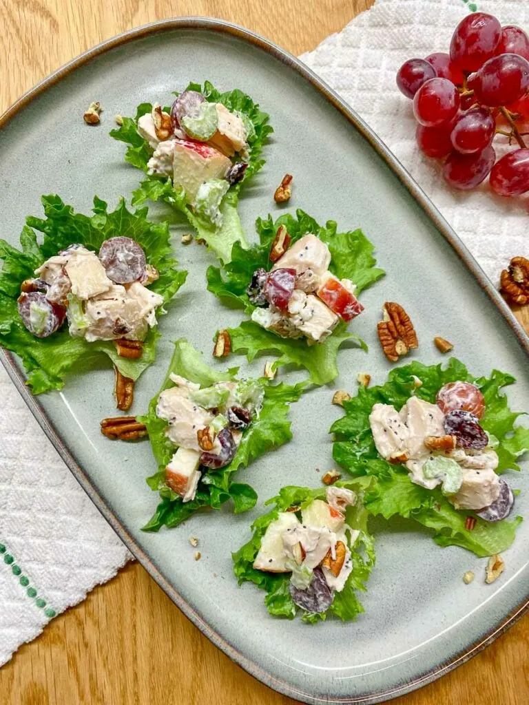 chicken waldorf salad in lettuce wraps on a plate