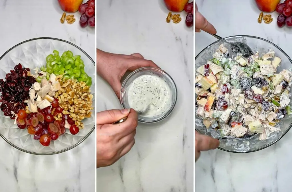 mixing chicken waldorf salad in a glass bowl