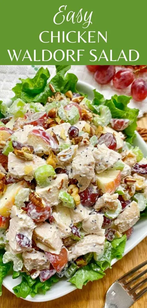 chicken waldorf salad plated on a bed of lettuce