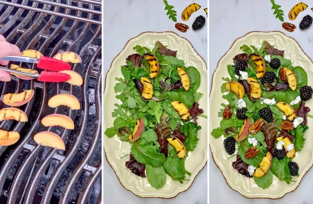 grilling peaches and plating salad