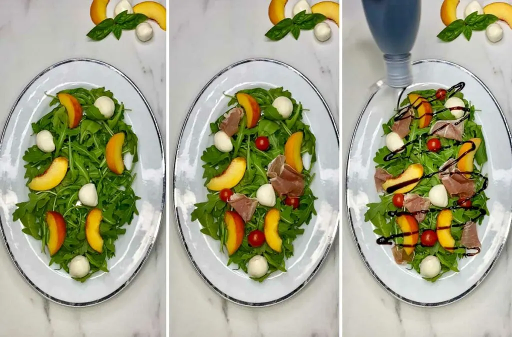 plating peach caprese salad