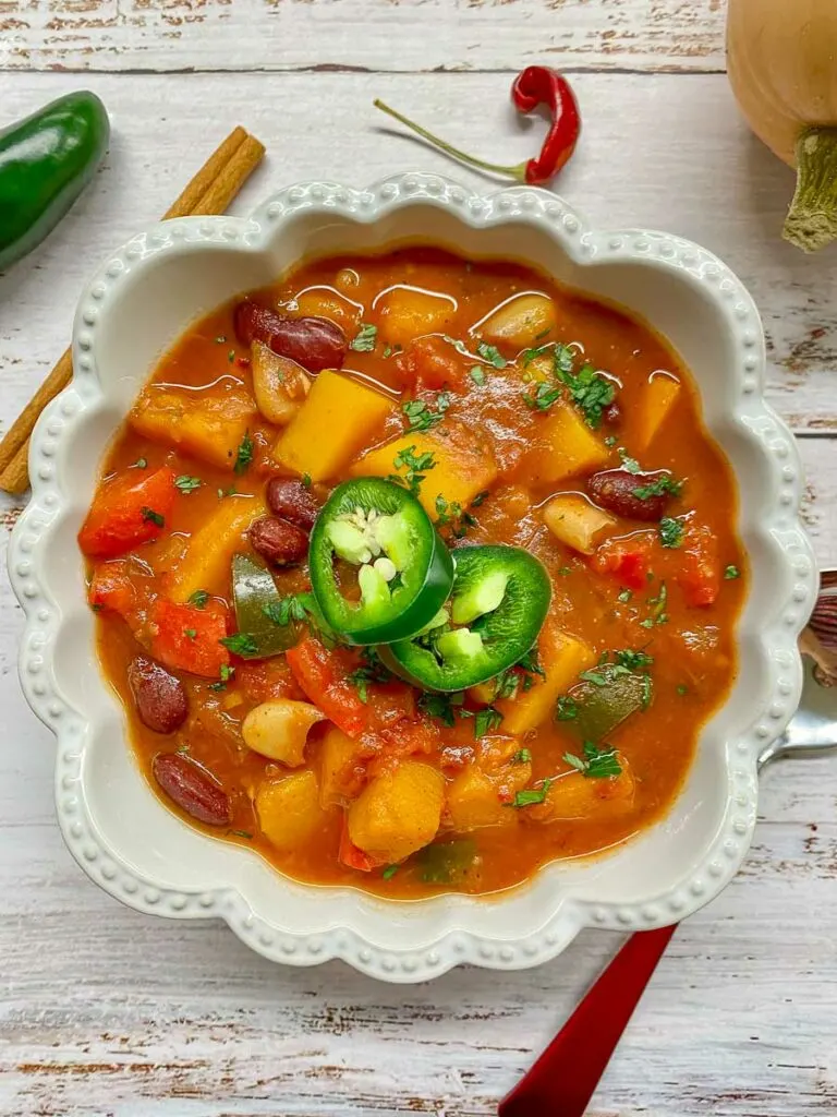 slow cooker butternut squash chili in a bowl