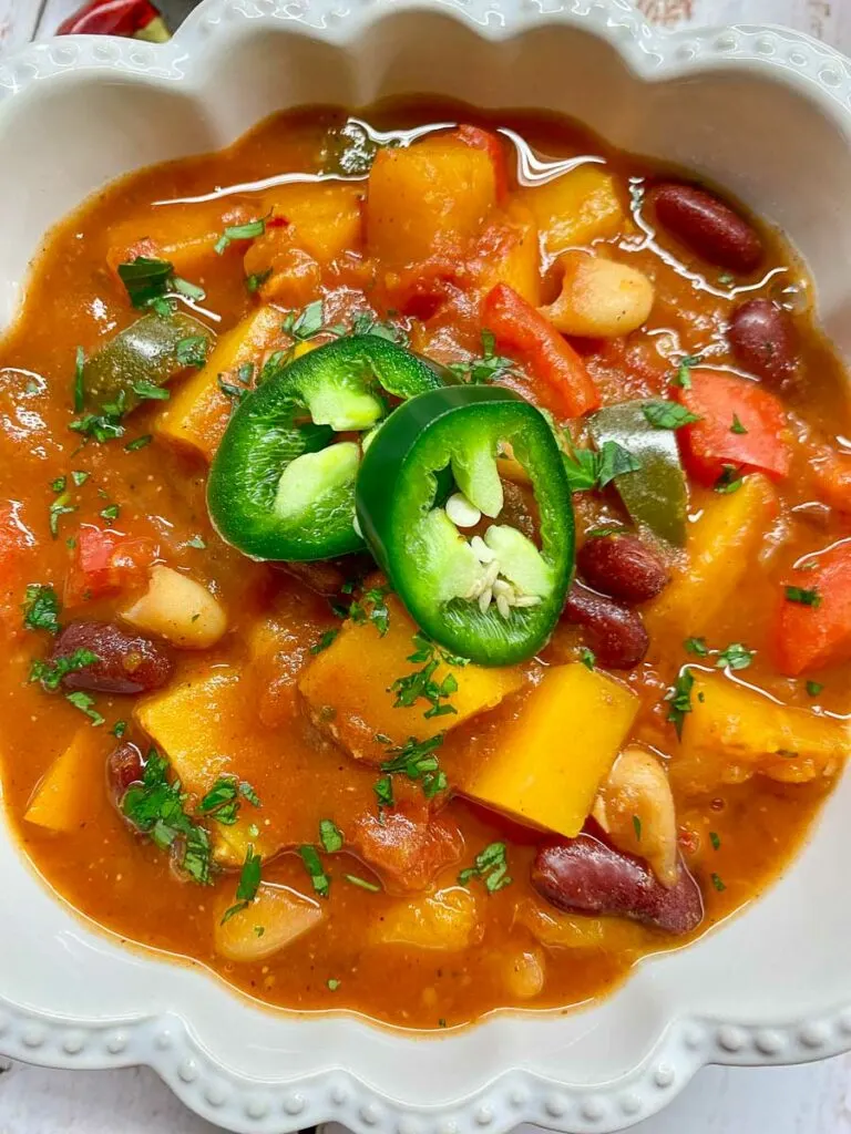 slow cooker butternut squash chili in a bowl