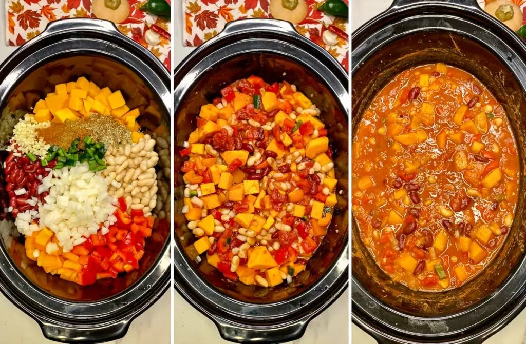 making butternut squash chili in a slow cooker