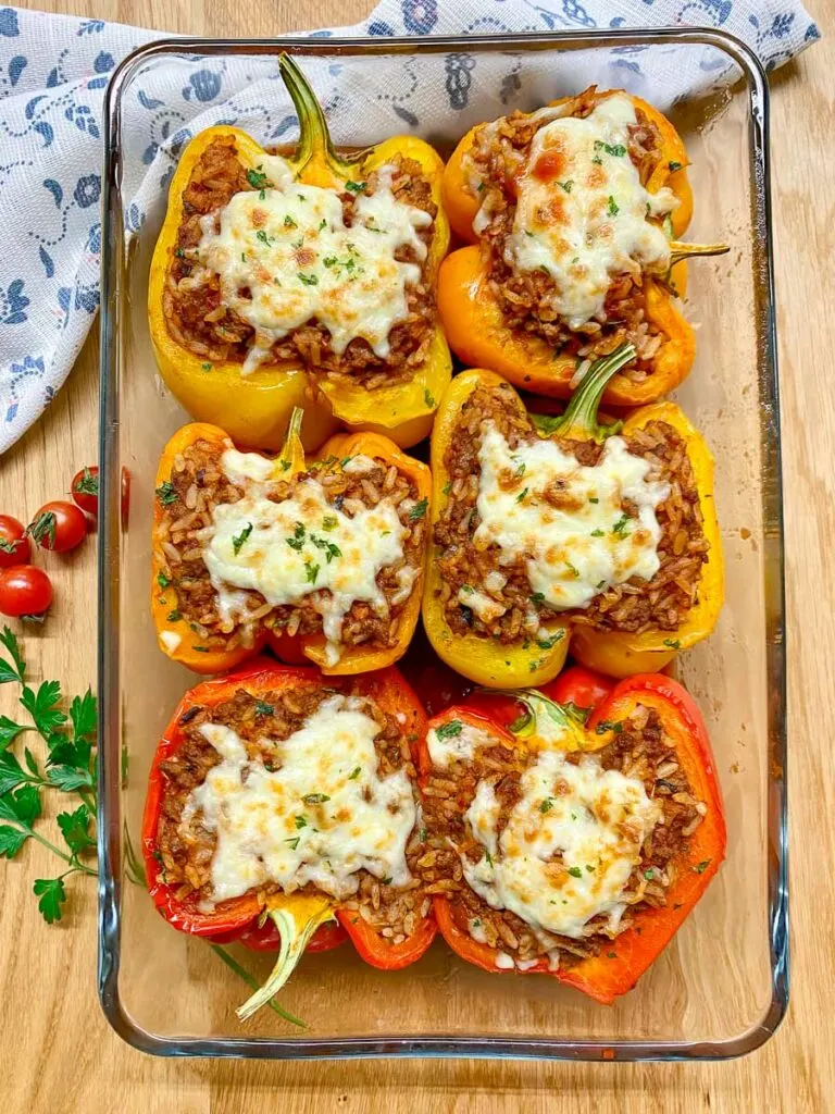 stuffed peppers in a glass meal prep container