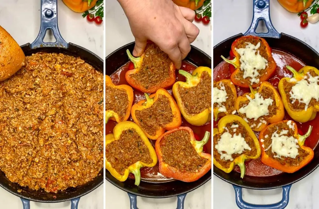 stuffing peppers in a cast iron skillet