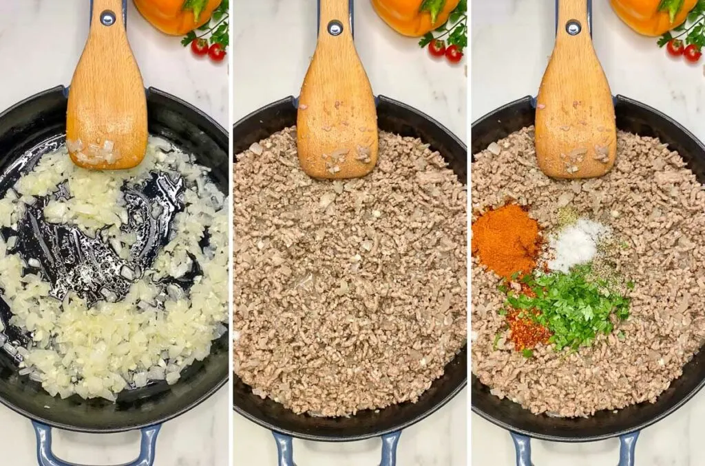 making the filling for stuffed peppers in a cast iron skillet