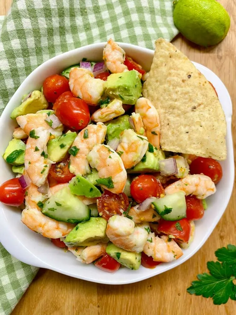 avocado shrimp salsa in a white bowl