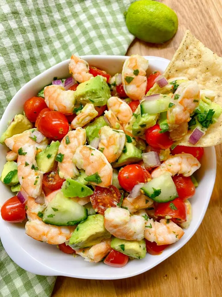 avocado shrimp salsa in a white bowl