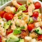 avocado shrimp salsa in a white bowl