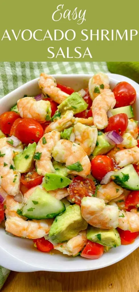 avocado shrimp salsa in a white bowl