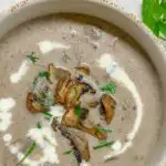 white bowl with cream of mushroom soup garnished with mushrooms and parsley