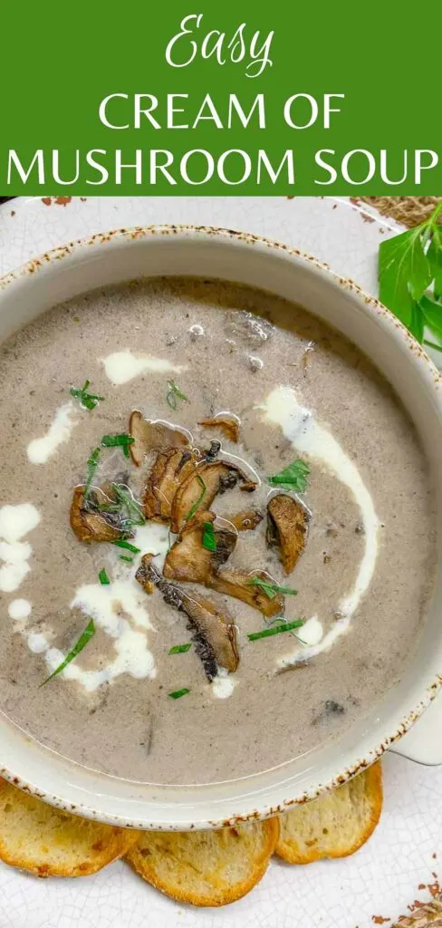 white bowl with cream of mushroom soup garnished with mushrooms and parsley