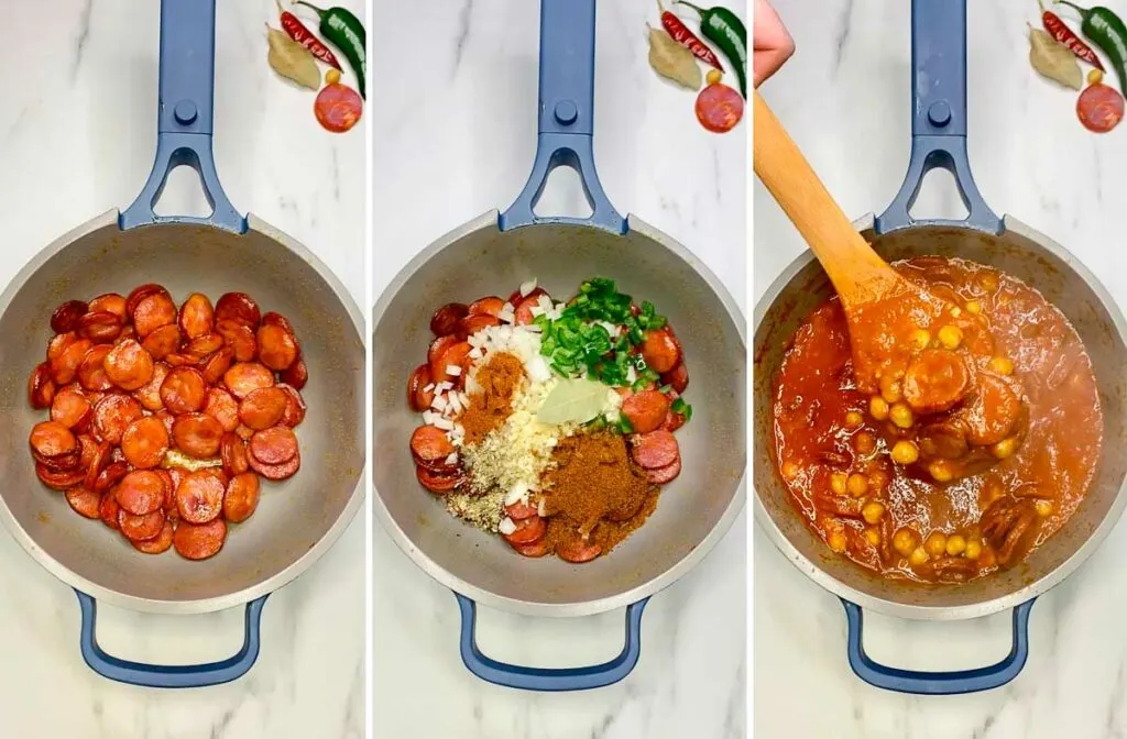 making chorizo chickpea stew in a pot