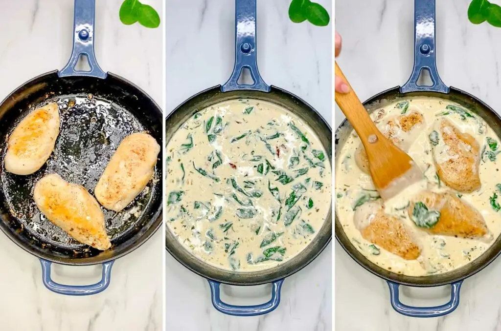 pan frying chicken and making a creamy Tuscan sauce in a cast iron frying pan