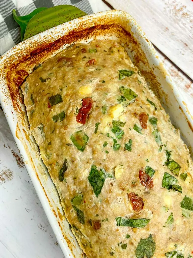 Mediterranean turkey meatloaf in a loaf pan