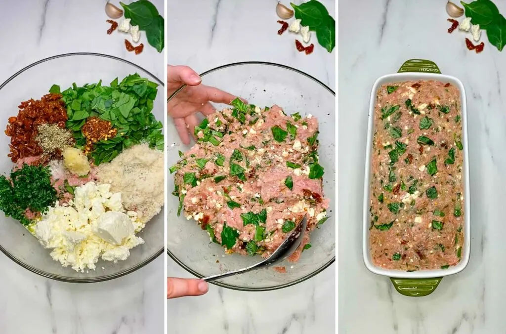 bowl mixing ingredients together to make Mediterranean turkey meatloaf and transferring to a loaf pan