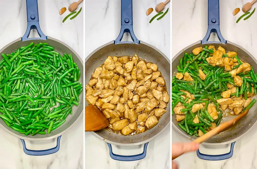 stir frying chicken and green beans with honey garlic sauce