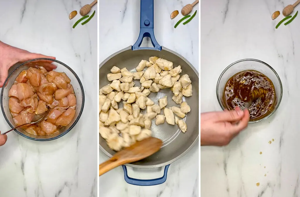 marinating chicken in a bowl and stir frying