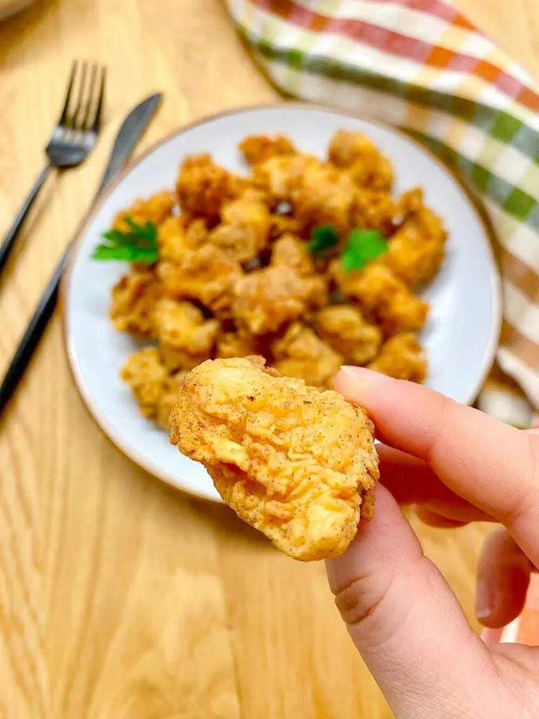 copycat kfc popcorn chicken on a white plate