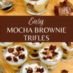 mocha brown trifles in glass cups on a wood counter