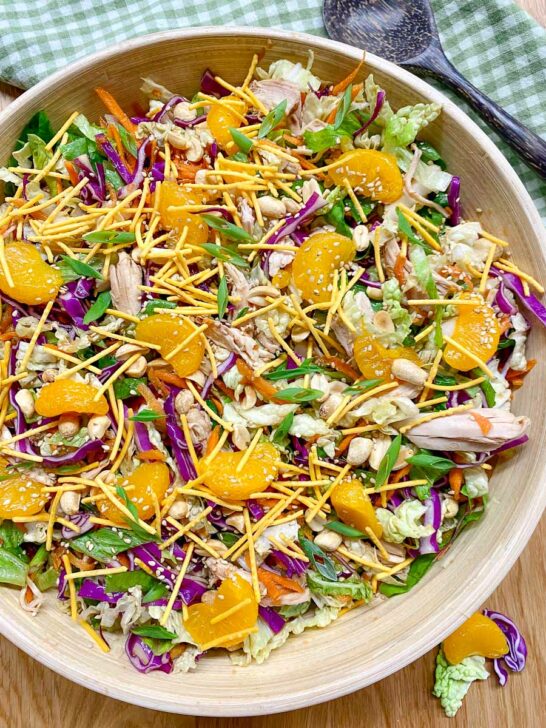 Chinese chicken salad in a beige bowl