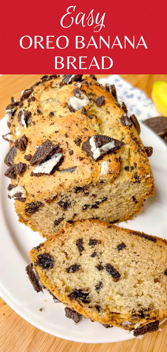 a loaf of Oreo banana bread is on a white serving platter. text overlay reads ' easy Oreo banana bread'