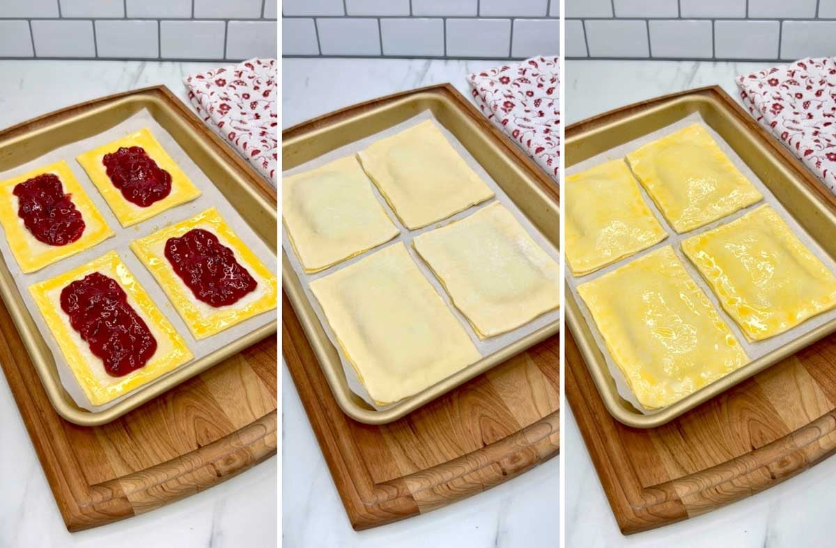 three step cooking photo. first the jam filling on the pastry. second the pastry closed up. third the top brushed with egg wash