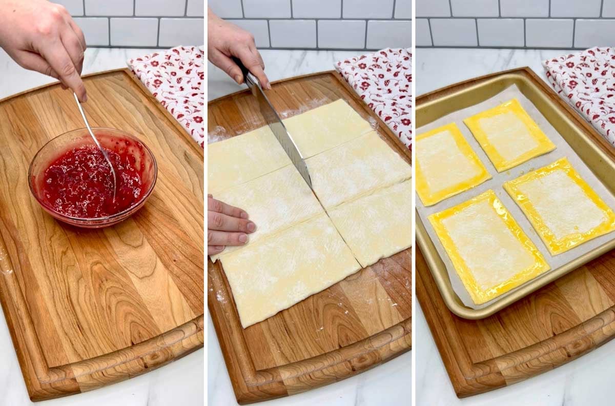 three step cooking photo. stirring the jam together. second cutting the pastry. third brushing egg wash on the edges of the pastry