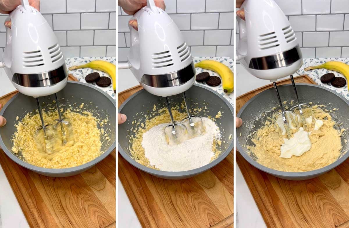 a three step photo of a mixing bowl on a wood cutting board. first showing creaming butter. second showing adding the dry ingredients. third showing adding yogurt.