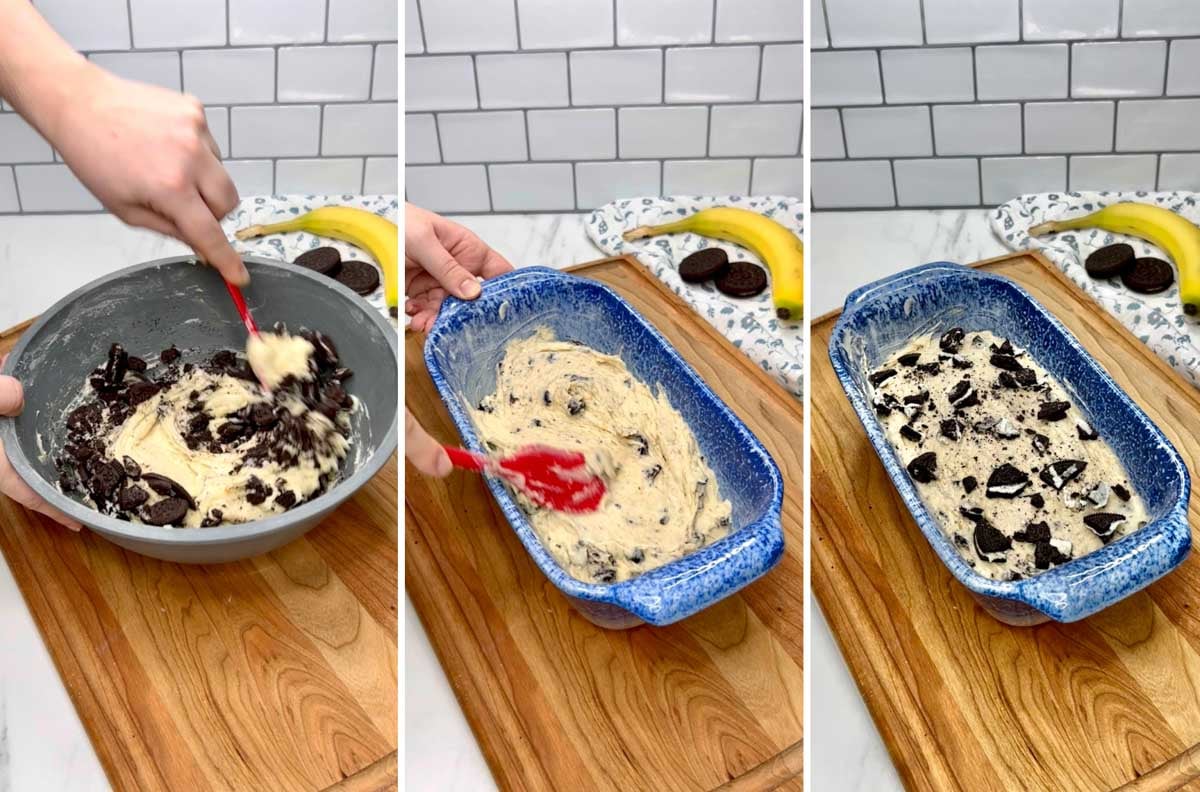 a three stop photo on a wood cutting board. first showing stirring Oreos into banana bread batter. second showing putting the batter in a blue loaf pan. third showing Oreos put on top of the batter.
