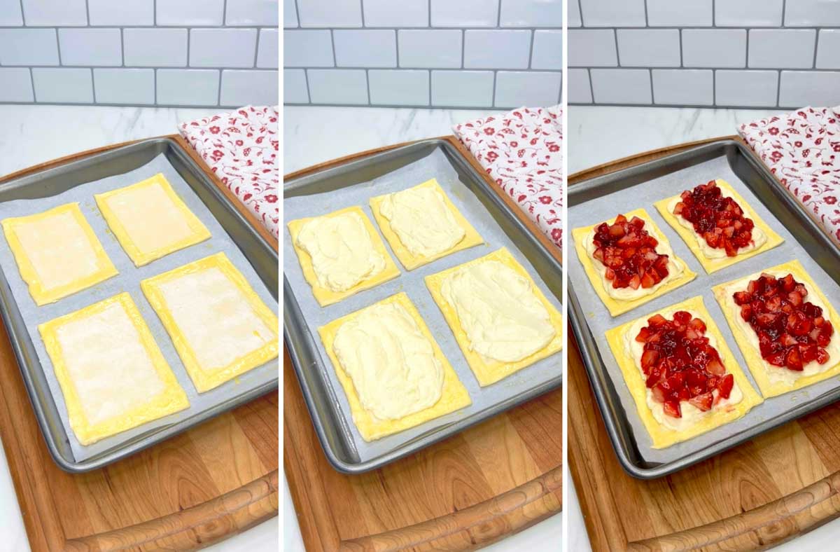 a three step photo of a cutting board on a kitchen counter spreading cream cheese and strawberry spread on top of the cut pastries.