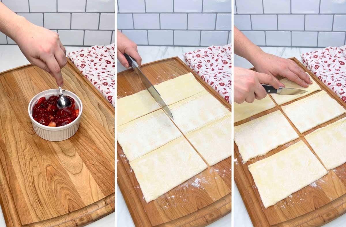 a three step photo of a cutting board on a kitchen counter. first showing mixing strawberries and jam together. second showing cutting the pastry into pieces. third is scoring the edges of the pastry with a knife.