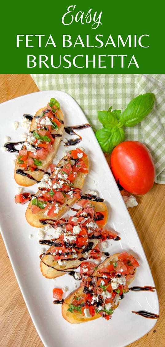 a white serving platter has 4 pieces of bruschetta with crumbled feta cheese and balsamic glaze on top. text overlay reads ' easy feta balsamic bruschetta'