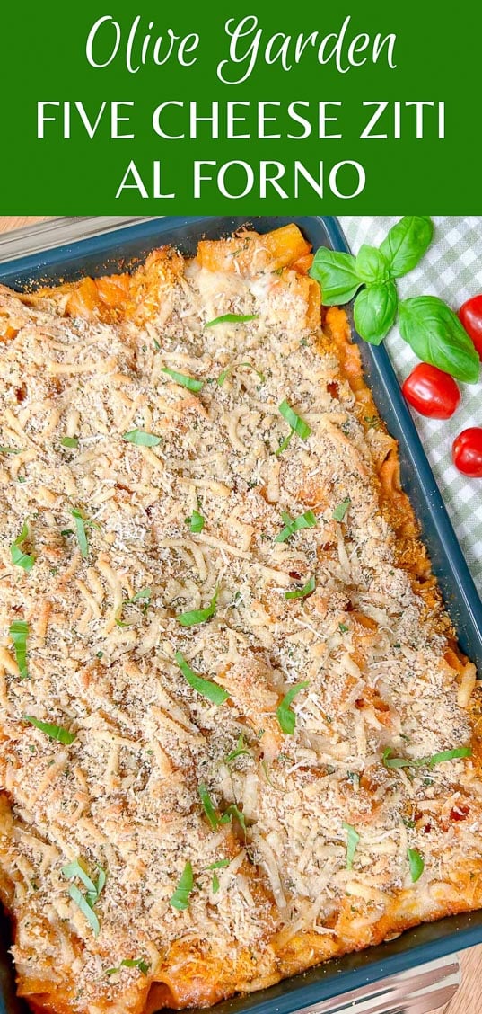 a baking tray has a five cheese ziti al forno baked into it and garnished with fresh basil. text overlay reads 'olive garden give cheese ziti al forno.