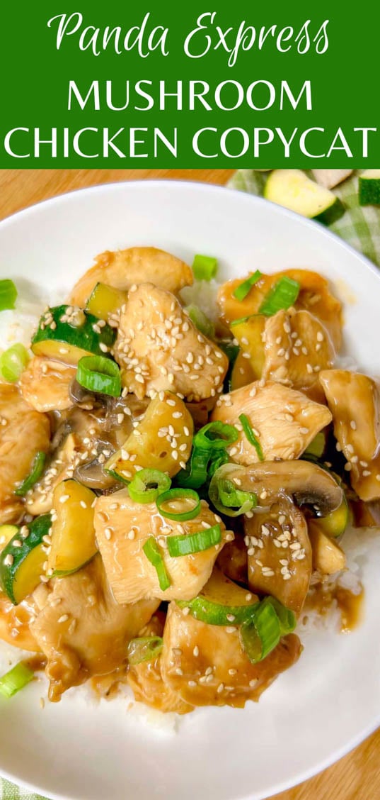 a white bowl is filled with Panda Express mushroom chicken copycat and garnished with sesame seeds and green onions text overlay has the name of the recipe "panda express mushroom chicken copycat"