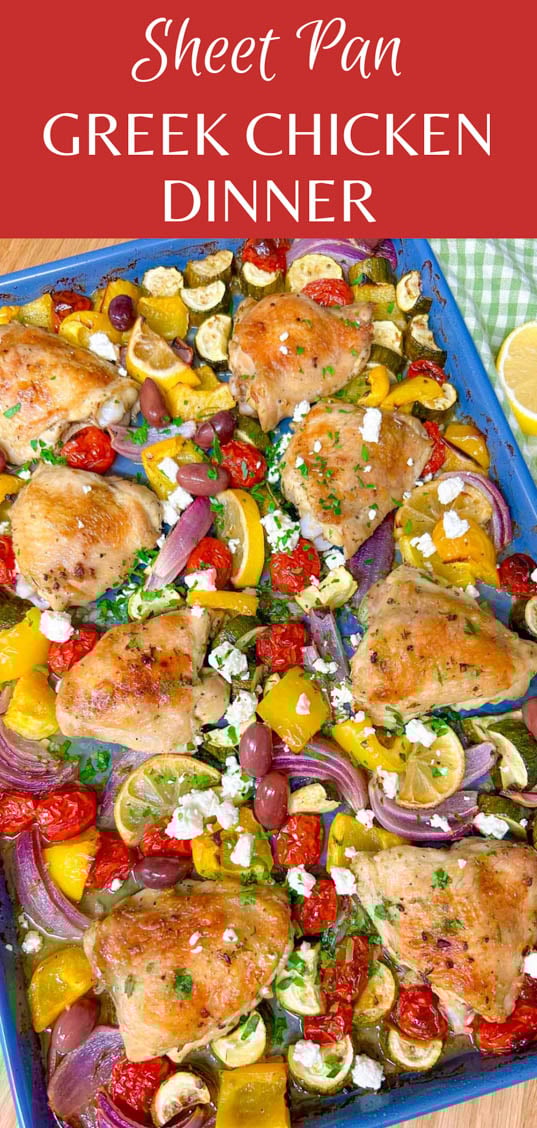 a greek sheet pan dinner is on a sheet pan with chicken thighs, roasted vegetables and feta cheese. text overlay reads 'sheet pan Greek dinner