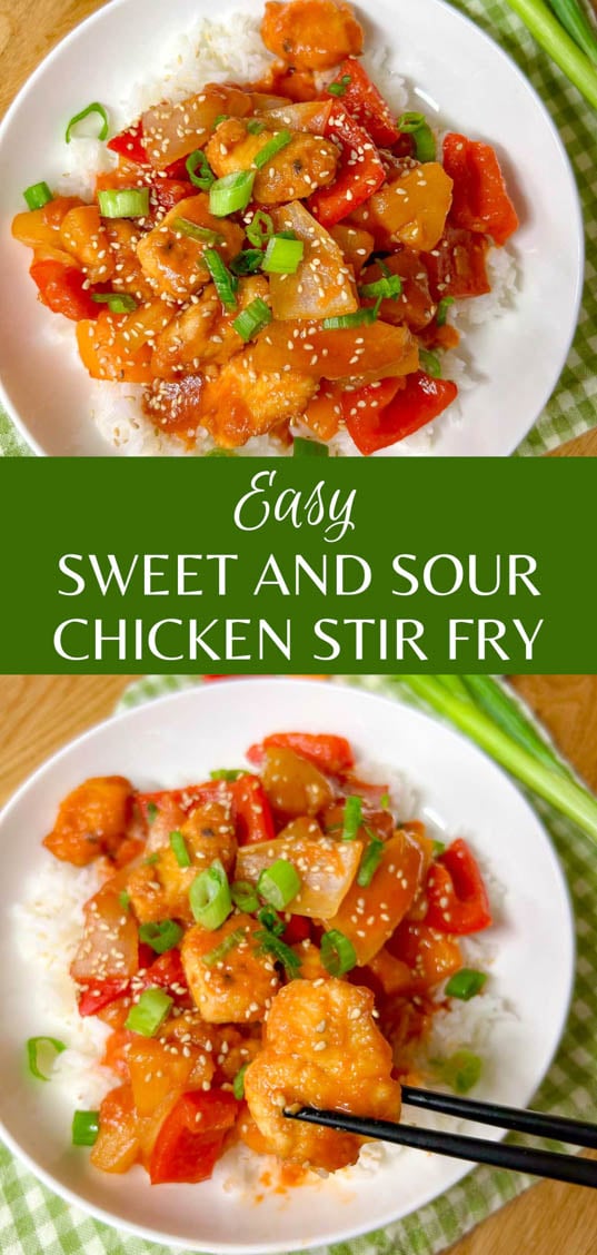 a white bowl is filled with white rice and topped with a sweet and sour chicken stir fry. it is garnished with sesame seeds and sliced green onions. text overlay is written to show the recipe name 'easy sweet and sour chicken stir fry'
