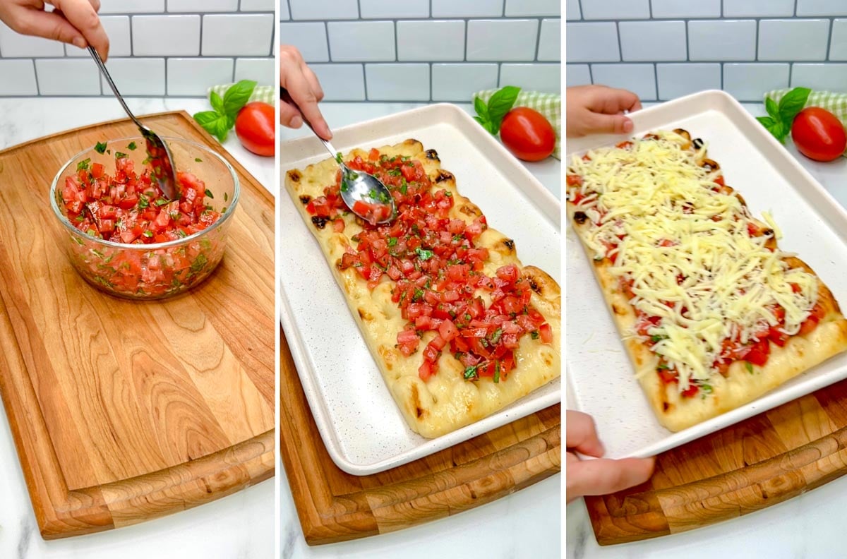 a three step photo. first showing mixing the tomatoes in a bowl on a wood cutting bord. second showing spreading the tomatoes on a flatbread. third shows the cheese spread on the flatbread.