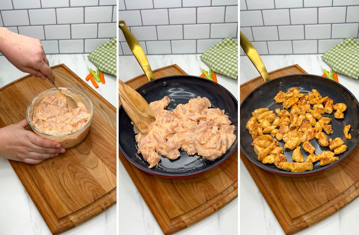 three pictures showing steps for cooking the chicken. 1 marinate chicken in a bowl. 2 pan frying the chicken. 3 the chicken is cooked in the pan