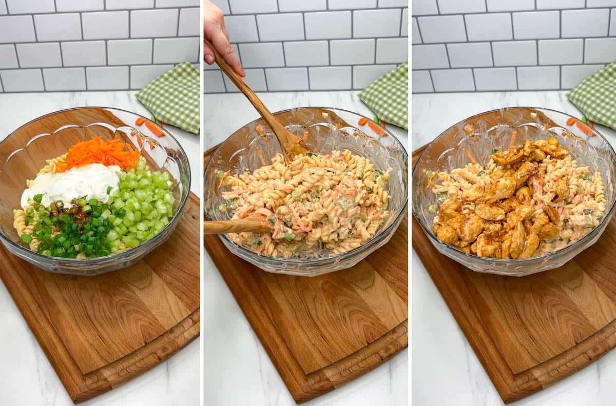 3 images showing steps for making the pasta salad. the pasta salad is in a glass bowl on a wood cutting board and all of the ingredients are being stirred together