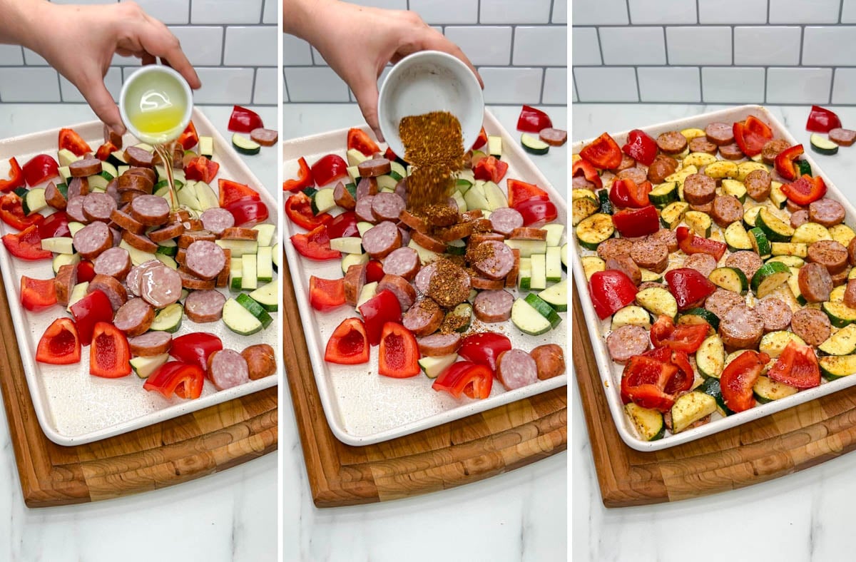 a 3 step photo showing seasoning the food with oil and Cajun seasoning to make a sheet pan Cajun shrimp and sausage sheet pan dinner.