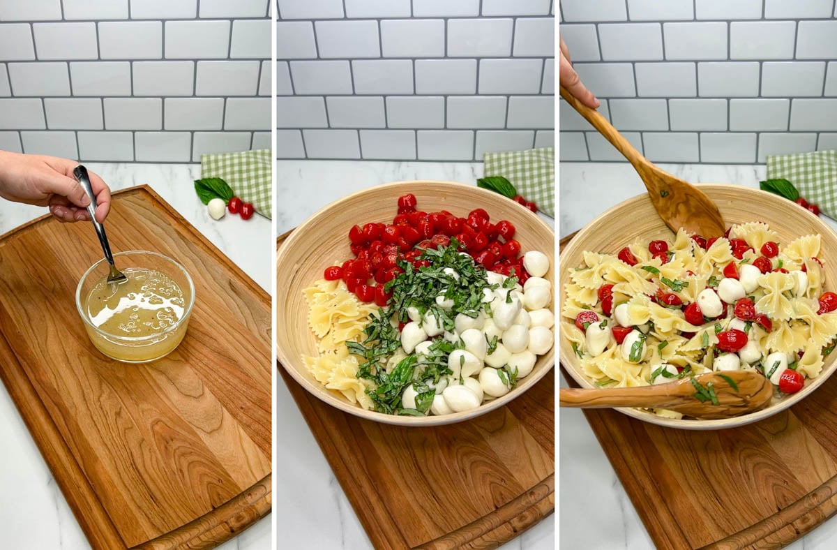 a kitchen counter has a wooden cutting board and a large bowl on top. the salad dressing and salad are stirred together